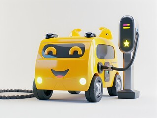 Naklejka premium Cheerful Electric Car Charging at a Friendly Fueling Station