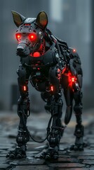 Fototapeta premium 3D Rendering of Cyborg Dog Warrior with Sleek Carbon Fiber Exoskeleton,Glowing Red Optics,and Futuristic Urban Landscape Setting