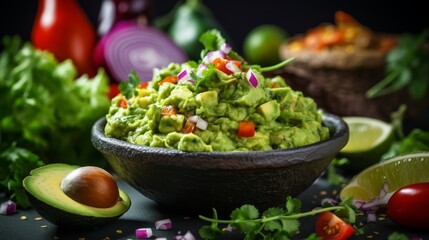A bowl of fresh guacamole with avocado, lime, tomato, and onion.  A delicious and healthy dip for chips or vegetables.