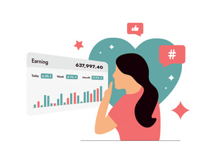 SMM analytics with engaging visuals and Influencer Marketing Statistics. Young girl influencer looks at stats, earnings graphs. Engagement rates and affiliate marketing strategy vector illustration