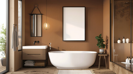 Fototapeta na wymiar Frame mockup. Modern Bathroom. Brown symbolizes prudence, protection, comfort, and material wealth. Generative AI 
