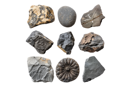 Collection of fossil rocks isolated on transparent background