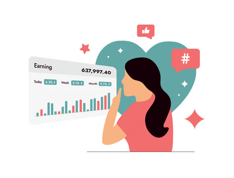 SMM analytics with engaging visuals and Influencer Marketing Statistics. Young girl influencer looks at stats, earnings graphs. Engagement rates and affiliate marketing strategy vector illustration
