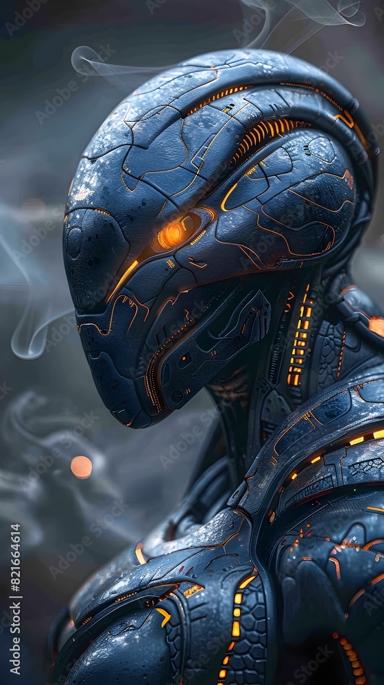 Sticker Breathtaking 3D Cybernetic Snake Warrior Fusion with Piercing Gaze Amidst Moody Sci-Fi Smoke Atmosphere