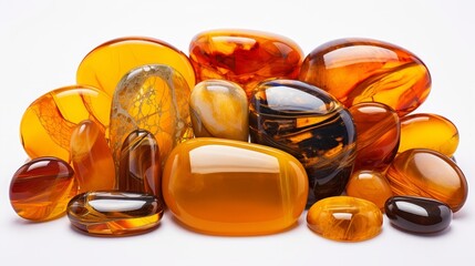 A collection of polished amber stones in various sizes and shades of yellow, orange, and brown.  The stones are arranged in a pile on a white background.