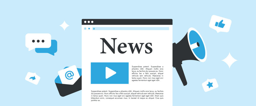 Strategic news article marketing concept for MarTech content, advertising news, social media strategy. Brand presence with press releases, article publication. Horizontal header vector illustration