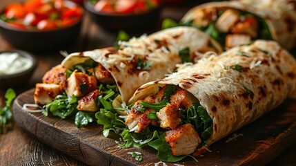 A serving of chicken Caesar wrap with parmesan cheese.