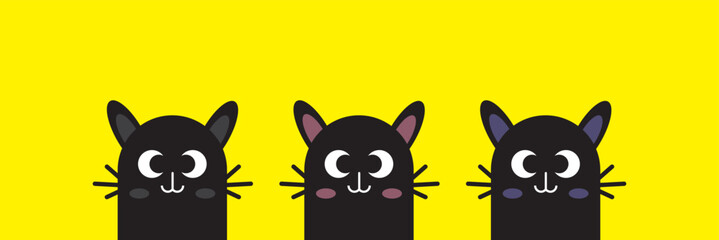 Black cat set. Face head silhouette. Blue, yellow, green eyes. Cute cartoon baby character. Kawaii pet animal illustrations or icons. 11:11