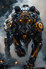 Fototapeta premium Cyborg Cheetah Warrior with Advanced Cybernetic Upgrades and Dramatic Smoke Effects in Cinematic 3D Render