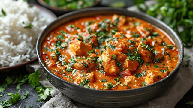 A serving of chicken korma with basmati rice.