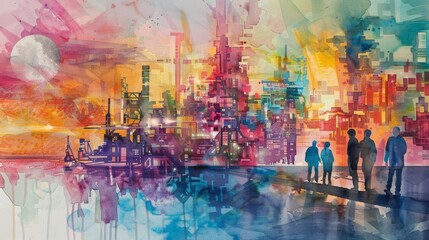 A vibrant, abstract painting blending city elements and silhouettes with a watercolor-like backdrop