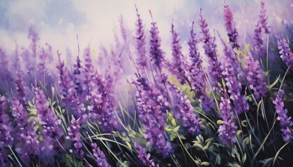 Fototapeta premium A field of vibrant purple wildflowers swaying in the gentle breeze, bathed in soft, ethereal light.