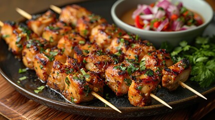 A serving of chicken satay with peanut sauce.
