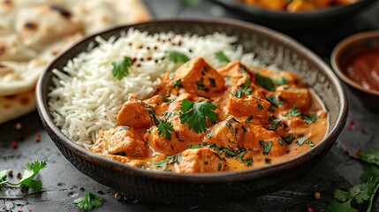 A serving of chicken tikka masala with basmati rice and naan bread.