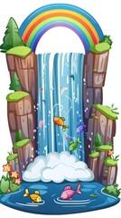 Enchanting Hydroelectric Waterfall with Vibrant Rainbow and Playful Fish