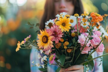 Naklejka premium A person's hands holding a vibrant bouquet with a variety of flowers, capturing the beauty and diversity of flora