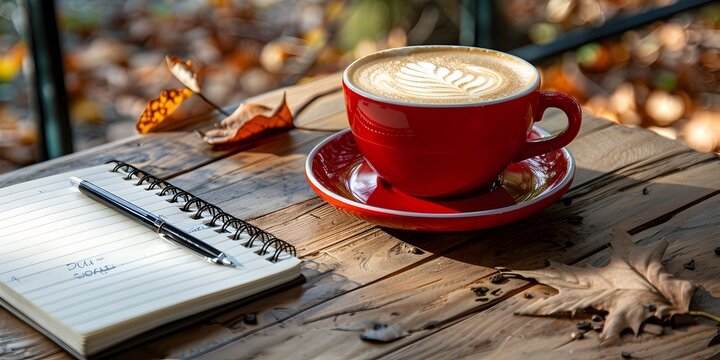 Cozy Workspace Concept with Cappuccino and Notebook on Autumn Cafe Table