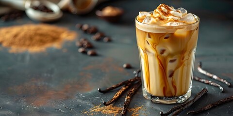 Naklejka premium Iced Vanilla Latte in a Tall Glass with Vanilla Beans Bright and Refreshing Coffee Drink Concept