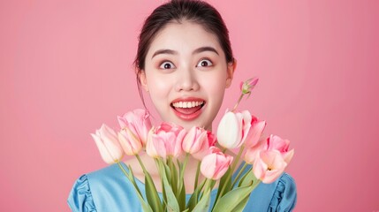 Fototapeta premium Happy smiling girl receiving bouquet of pink tulips on women's day