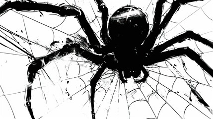 Giant Spider Crawling on Web in Black and White Comic Style
