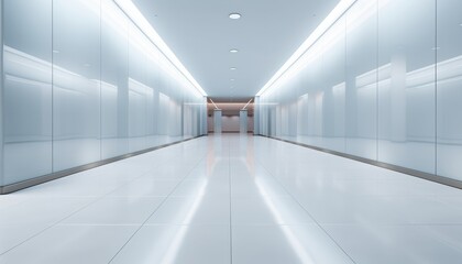 Obraz premium A long, sleek hallway with white walls and floors, illuminated by bright overhead lights. The perspective creates a sense of depth and openness.