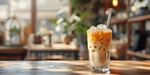 Fototapeta premium Iced Latte Served in Tall Glass with Paper Straw at Bright and Airy Caf Interior