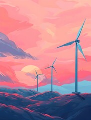 Peaceful Wind Turbines Silhouetted Against a Vibrant Sunset Landscape