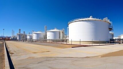 Obraz premium A row of large white storage tanks at an industrial facility under a clear blue sky.