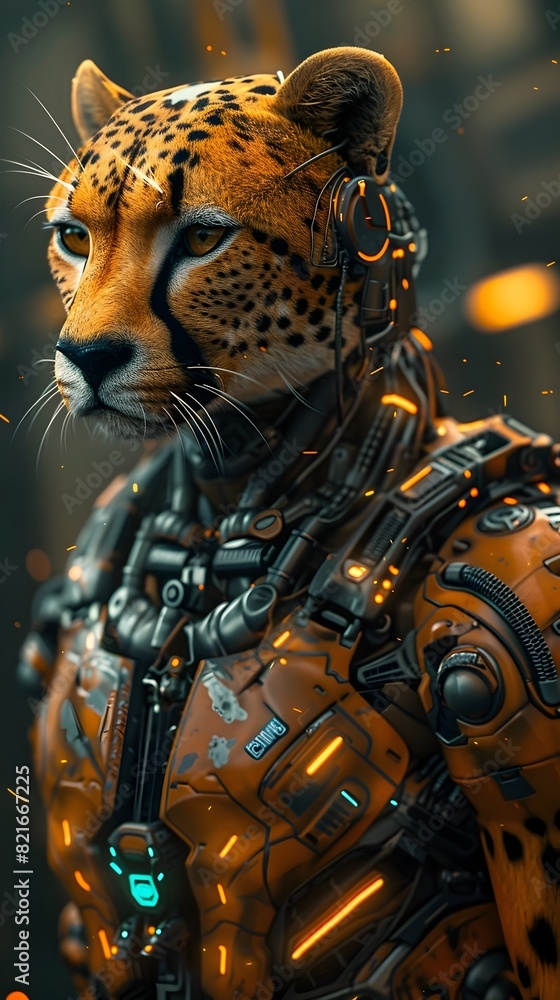 Poster Formidable Cyborg Cheetah Warrior in 3D with Metallic Armor and Glowing Circuitry