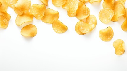 A scattering of crispy potato chips on a white background, creating a delicious and tempting border.