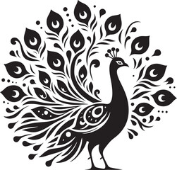 Fototapeta premium Peacock with beautiful feather silhouette vector art illustration peacock clipart logo icon, isolated on white