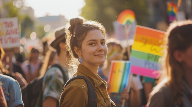 A peaceful protest during Pride Month, with participants holding signs advocating for LGBTQ+ rights and equality