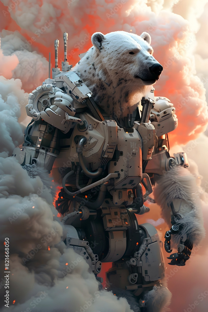 Canvas Prints formidable cyborg polar bear warrior emerging from captivating smoky clouds in cinematic,hyper-detai