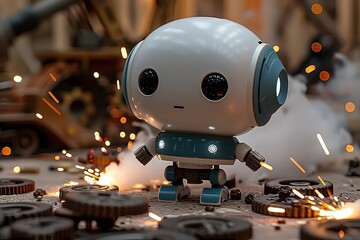 Fototapeta premium Adorable Humanoid Robot Amid Gears, Diodes, Smoke, and Artillery