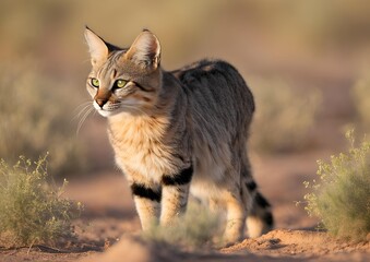 An African wildcat (Felis silvestris lybica) in the Kalahari Desert, South Africa.