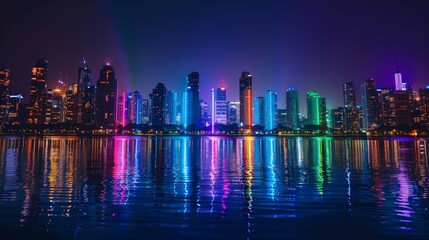 Obraz premium A night scene of a city skyline lit up in rainbow colors, celebrating LGBTQ+ Pride Month with vibrant lights