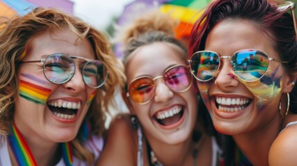 A group of friends with their faces painted in rainbow colors, laughing and enjoying a pride festival