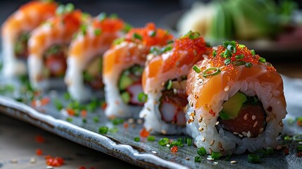 A plate of sushi rolls with spicy tuna and avocado.