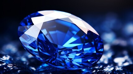 A vibrant blue gemstone, cut and polished to perfection, sparkles against a backdrop of glittering crystals.