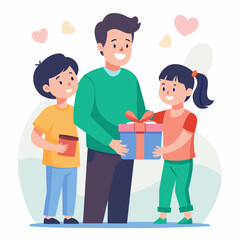 Illustration of a daughter and son surprising a father and giving a gift to their  father 