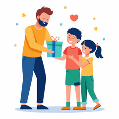 Illustration of a daughter and son surprising a father and giving a gift to their  father 