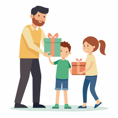 Illustration of a daughter and son surprising a father and giving a gift to their  father 