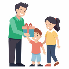 Fototapeta premium Illustration of a daughter and son surprising a father and giving a gift to their father 