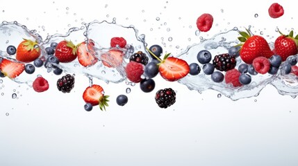 A vibrant mix of fresh berries, including strawberries, blueberries, raspberries, and blackberries, are suspended in mid-air by a cascading stream of water.