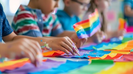 Naklejka premium A group of children participating in a pride-themed arts and crafts activity, creating rainbow-colored artwork