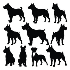 Set of Black American Bully Silhouette Vector on a white background