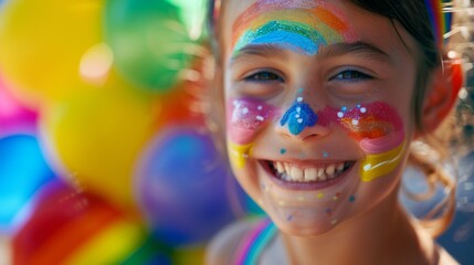 A close-up of pride-themed face paint on a smiling child�s face, with rainbow balloons in the background