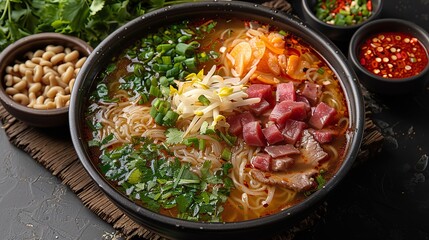A plate of Vietnamese pho soup with a fragrant beef broth, rice noodles, thinly sliced meat, and fresh herbs.
