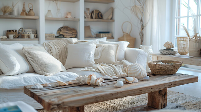 A coastal shabby chic living room with a distressed wooden coffee table, a white slipcovered sofa, and a collection of seashells and driftwood decor creating a relaxed and beachy vibe.