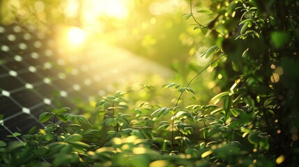 Obraz premium Gentle sunset rays illuminate the edge of a solar panel and vibrant green leaves representing innovation and environmental harmony